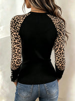 Chic Leopard-Sleeve Asymmetrical Zipper Ribbed Top