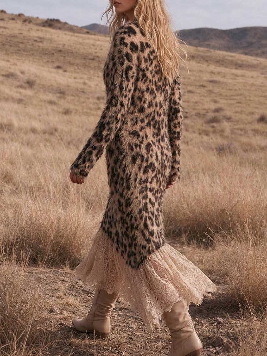 Vestido largo con estampado de leopardo difuso y dobladillo empalmado de encaje para mujer
