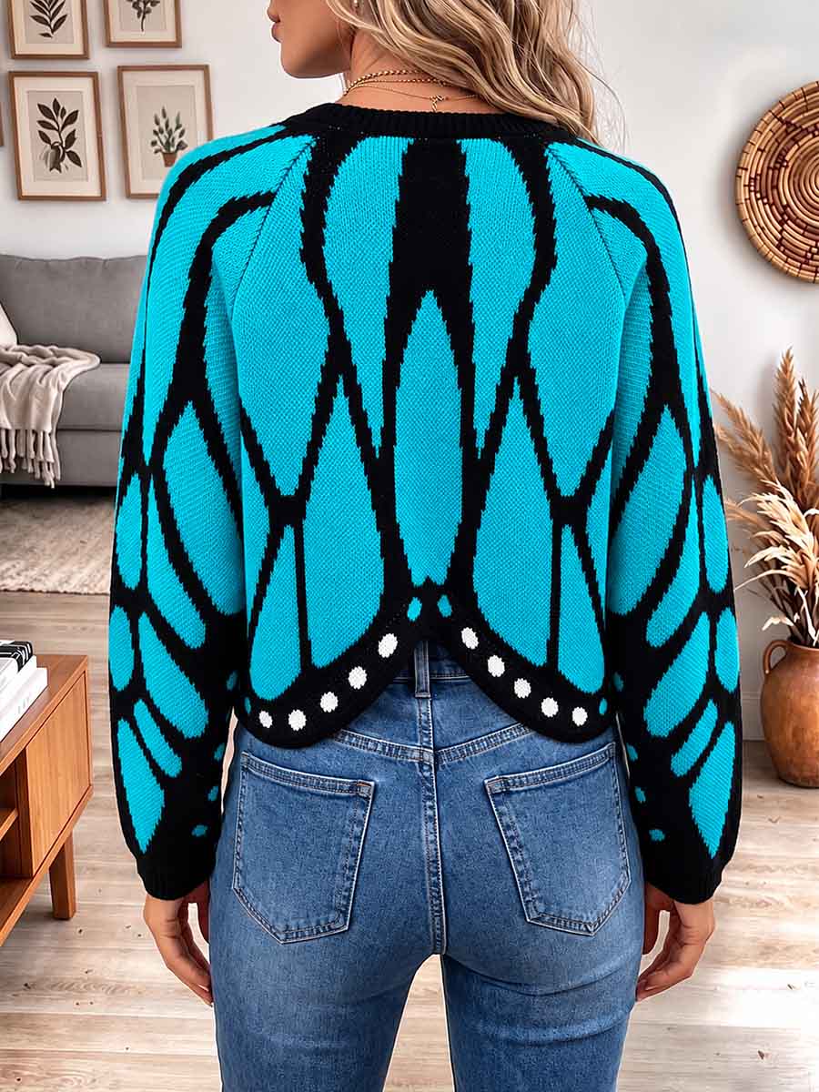 Leuchtend blauer Damen-Cardigan mit Schmetterlingsflügelmuster