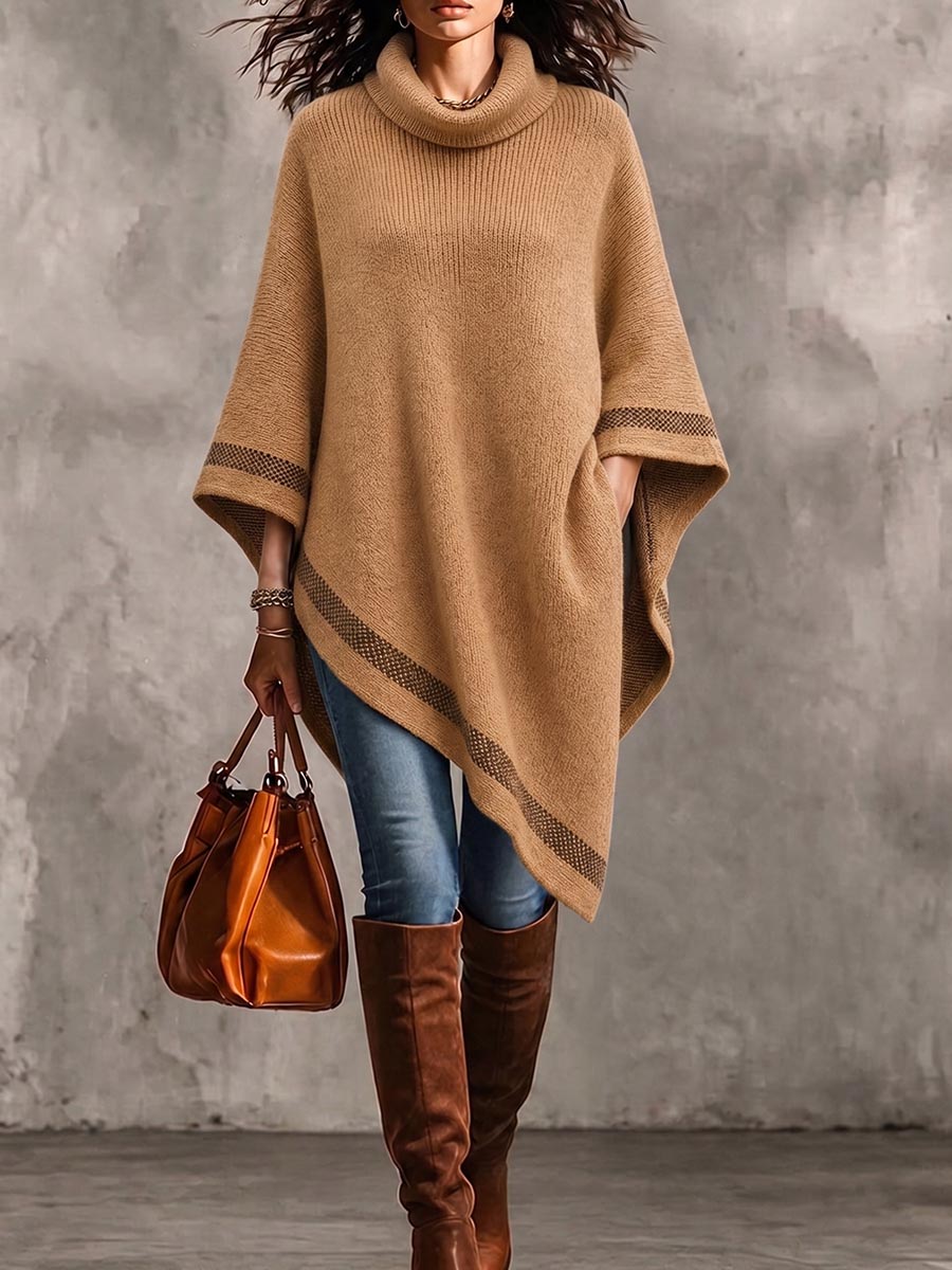 Women's Casual Loose-fit Turtleneck Knit Cape Top With 3/4 Sleeves And Asymmetrical Hem