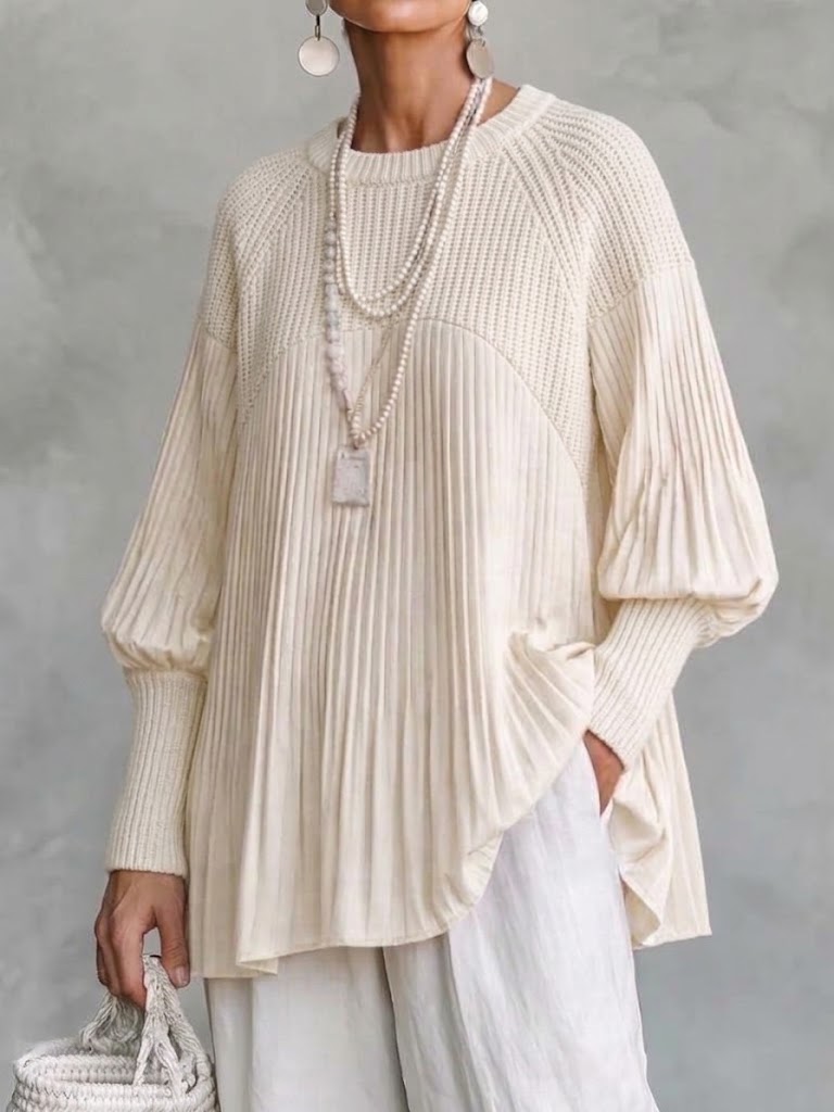 Top in maglia ampio girocollo con maniche a lanterna testurizzate