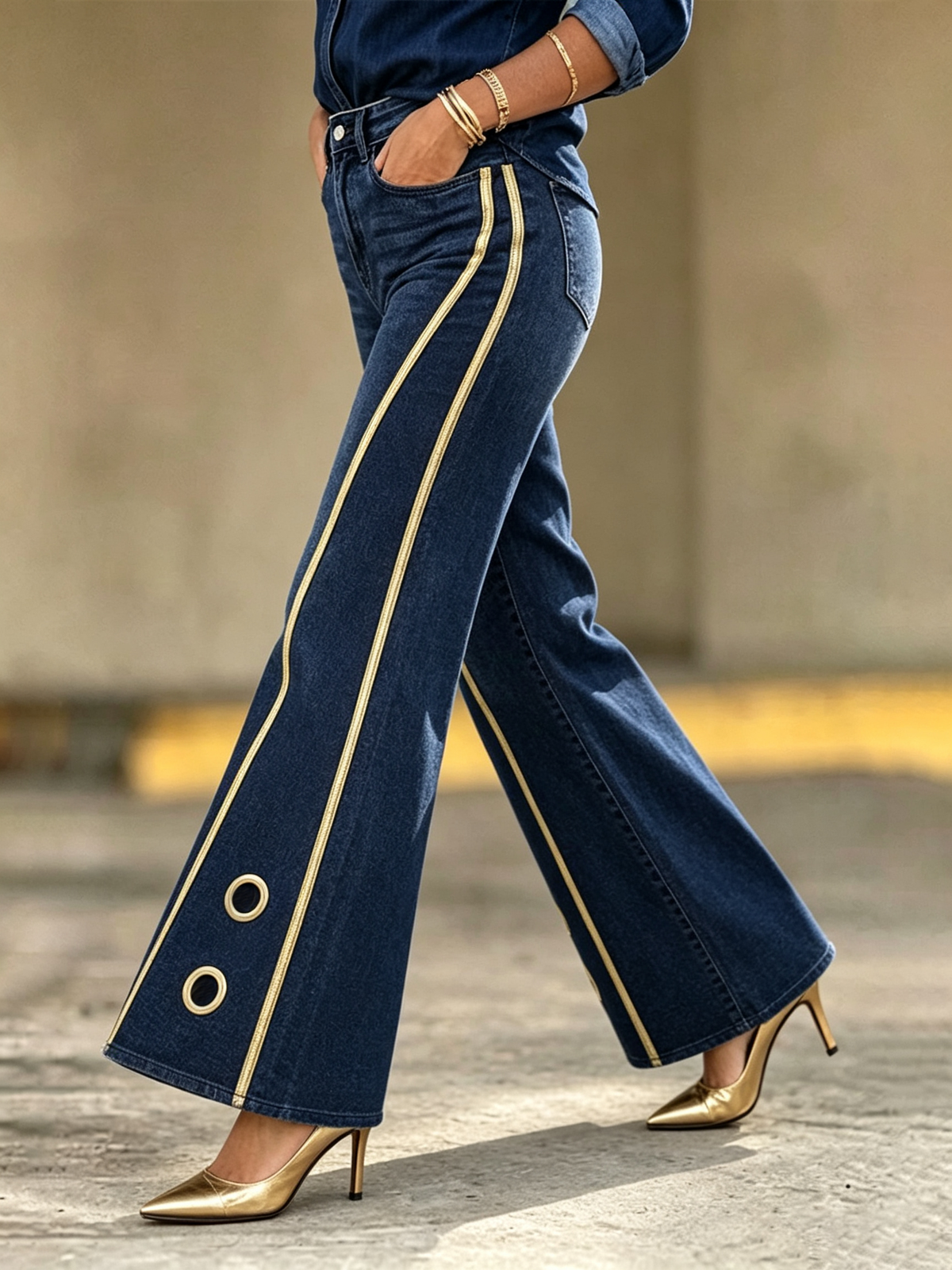 Retro-chic Stretch Denim Flare Jeans With Metallic Gold Accents