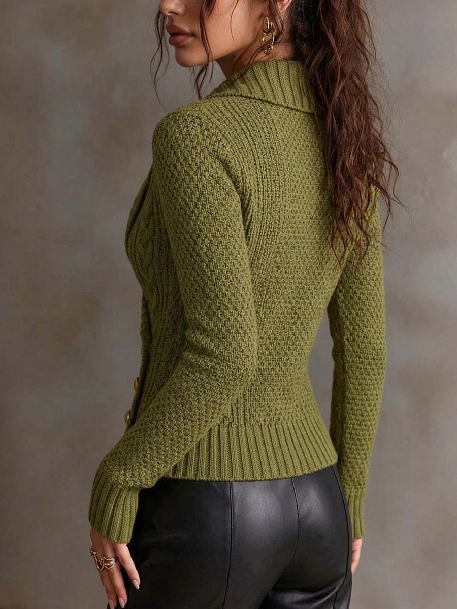 Jersey cruzado de punto trenzado verde oliva para mujer con botones dorados
