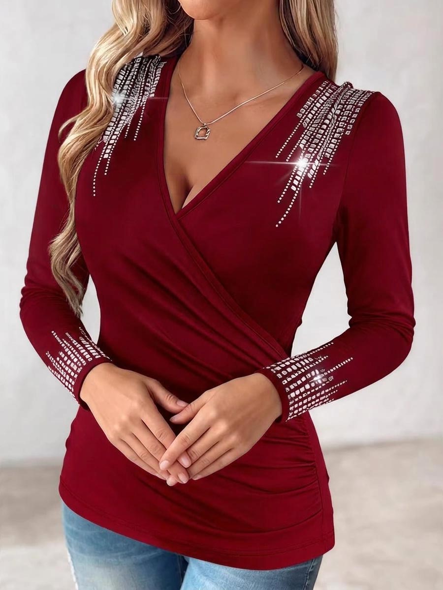 Women's V-Neck Wrap Top with Rhinestone Embellishments