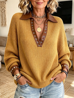 Lässiger, stilvoller Strickpullover mit Kontrastlederbesatz