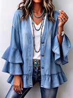 Chic Boho Tiered Ruffle Sleeve Denim Cardigan
