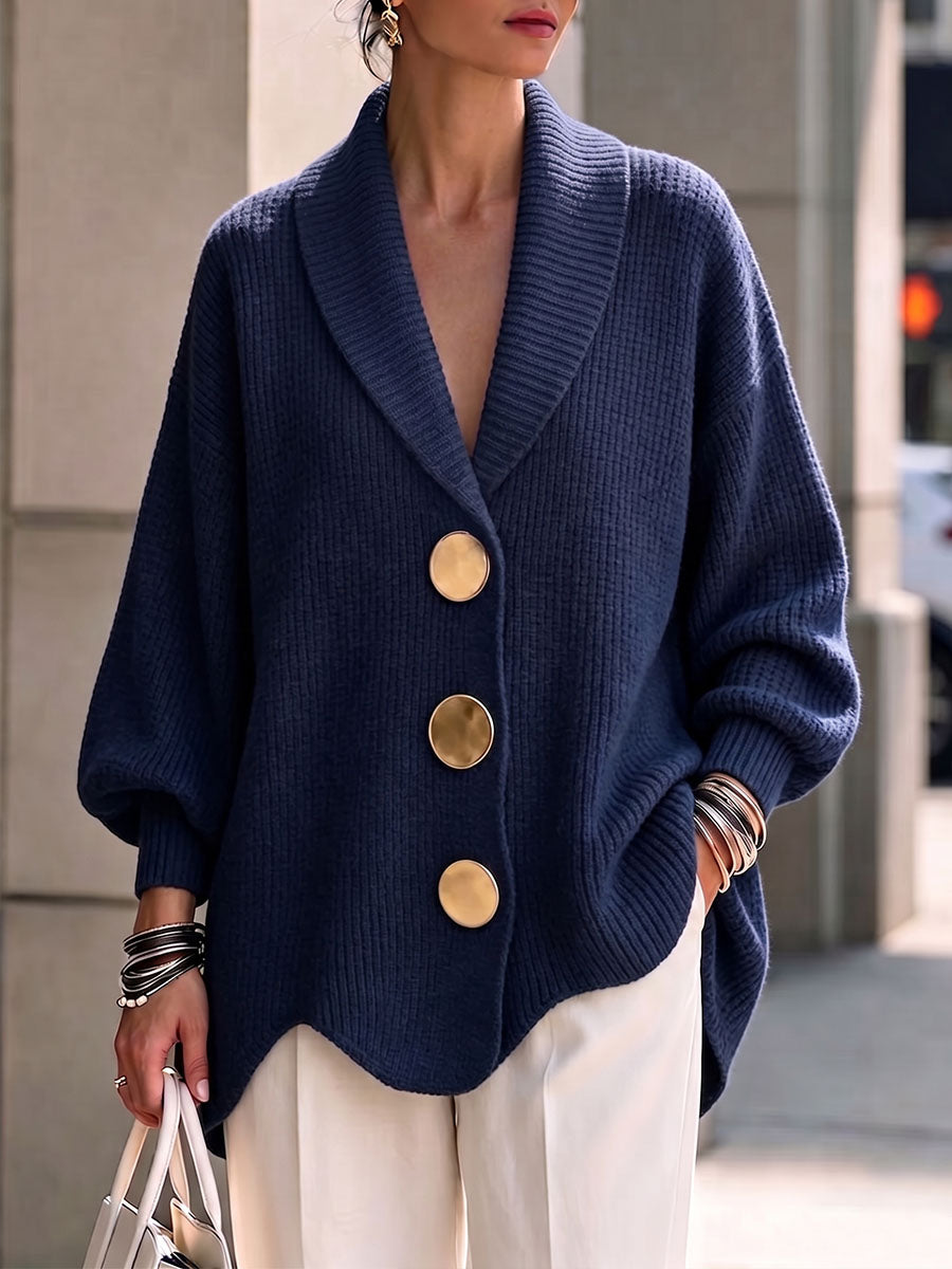 Women's Solid Color Lapel Long-sleeved Casual Loose Wavy Edge Knit Cardigan