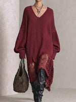 Long, Loose-fitting Knit Sweater Dress With A V-neck, Cut-out Details, And An Asymmetrical Hem