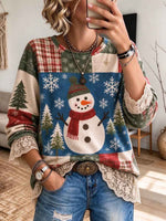 Top patchwork natalizio da donna con pupazzo di neve con finiture in pizzo