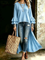 Chic Long-line Knitted Cardigan With Multi-layered Ruffled Sleeves