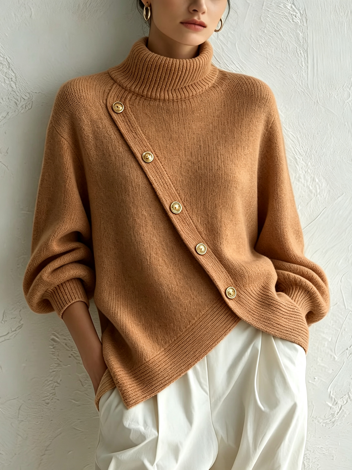 Chic Asymmetric Buttoned Turtleneck Sweater