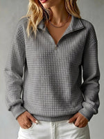 Women's Solid Color Stand Collar Long Sleeve Casual Loose Waffle Knit Pullover