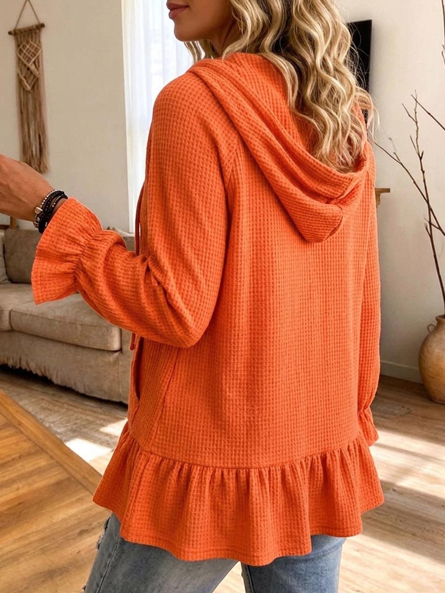 Felpa con cappuccio da donna in maglia waffle con cappuccio e bottoni Henley con orlo arricciato e tasche