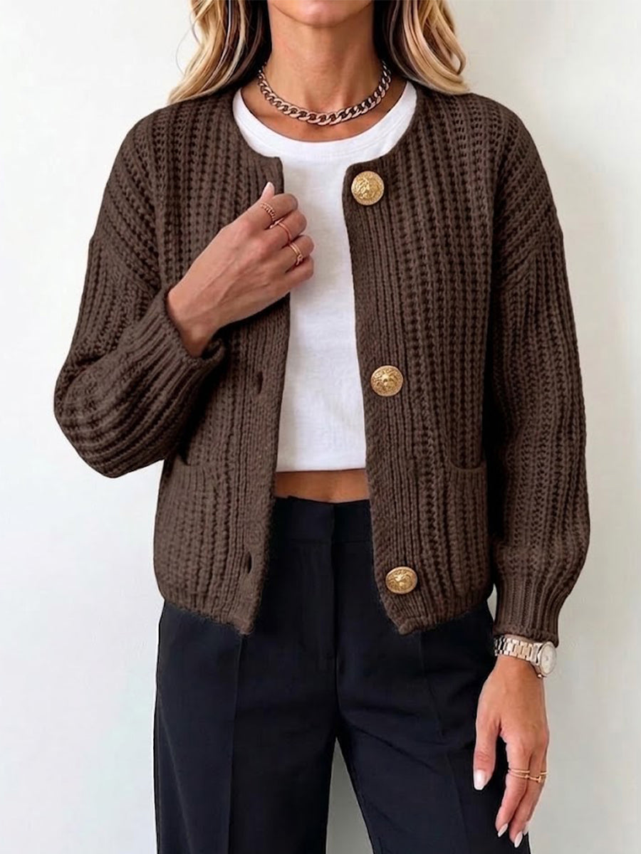 Round Neck Chunky Knit Gold‑button Cropped Cardigan
