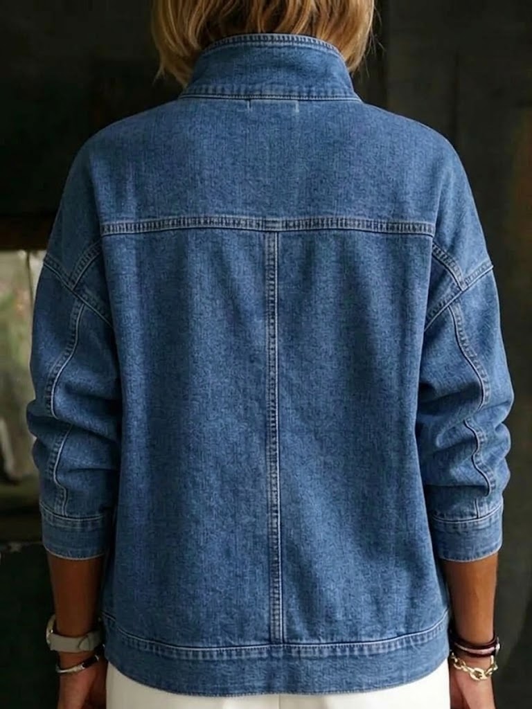 Stand-collar Zip-up Denim Jacket With Dropped Shoulders