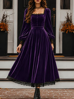 Vintage-style Exquisite Lace-trimmed Velvet Midi Dress
