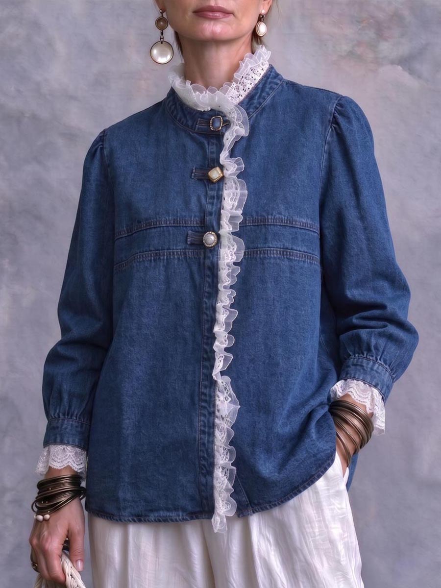 Women's Vintage Denim Shirt with Lace Ruffle Trim Long Sleeve Stand Collar Blouse