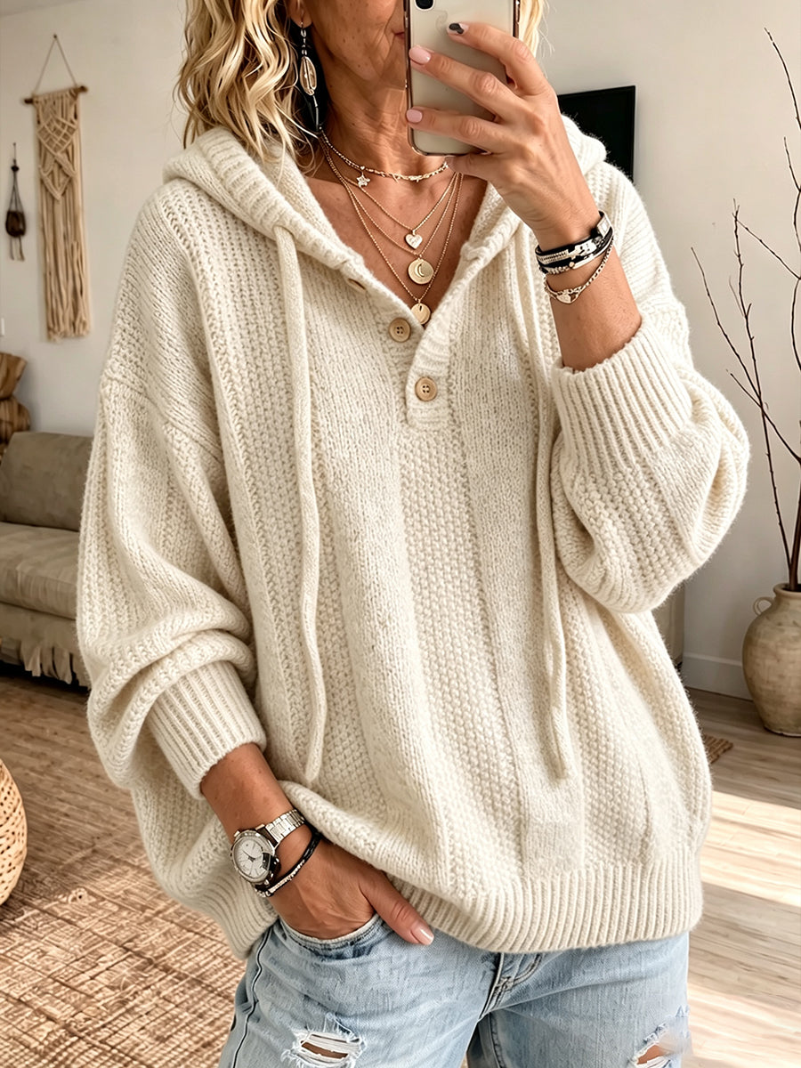 Cozy-chic Chunky-knit Hooded Henley Sweater
