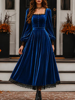 Vintage-style Exquisite Lace-trimmed Velvet Midi Dress