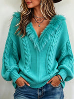 Suéter extragrande de punto trenzado con ribete de piel sintética Boho Chic