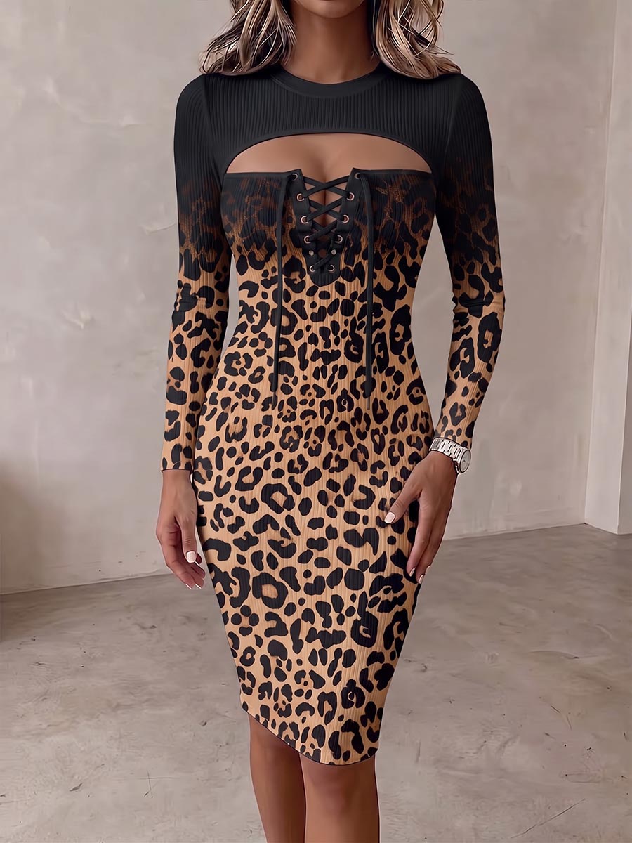 Abito aderente in maglia con stampa leopardata sfumata da donna con girocollo, dettagli ritagliati, allacciatura sul davanti e maniche lunghe
