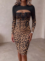 Abito aderente in maglia con stampa leopardata sfumata da donna con girocollo, dettagli ritagliati, allacciatura sul davanti e maniche lunghe
