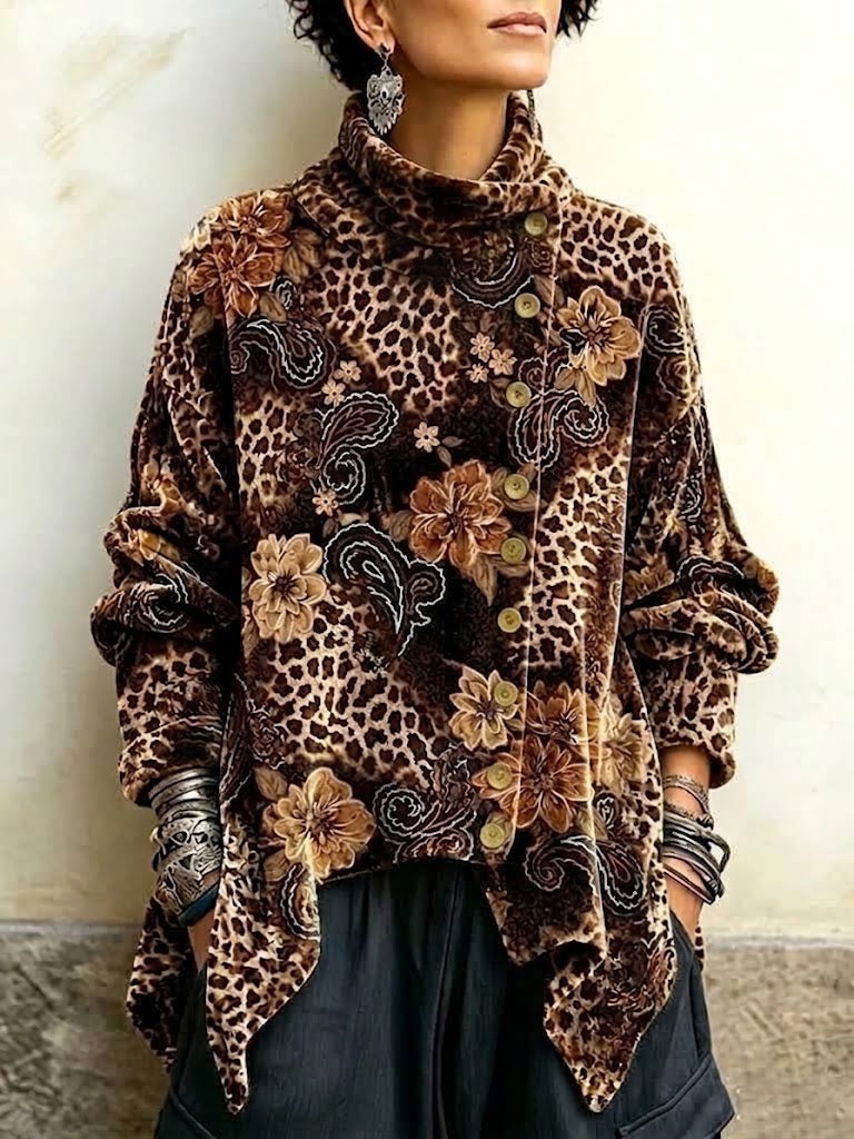 Asymmetrisches, hochgeschlossenes Samtoberteil mit Leoparden- und Blumendruck und Knopfleiste vorne