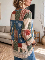 Top patchwork natalizio da donna con pupazzo di neve con finiture in pizzo