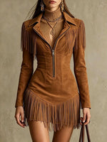 Minivestido estilo western con flecos y cremallera de ante sintético