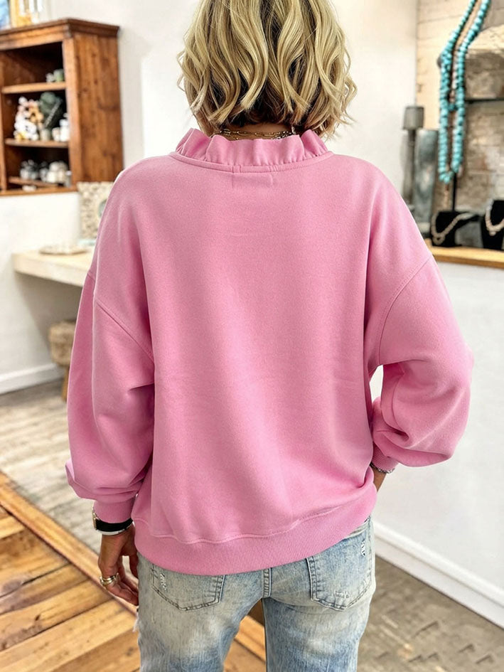 Acogedora sudadera extragrande con volantes en color rosa vibrante