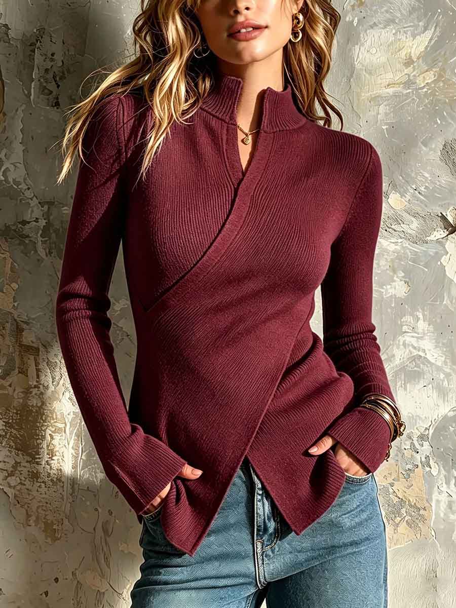 Women's Royal Blue Asymmetric Wrap Ribbed Knit Top