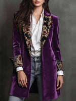 Navy Velvet Longline Blazer With Ornate Embroidered Lapels