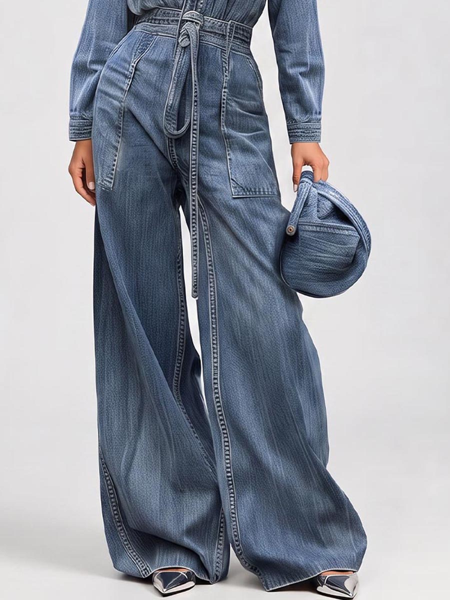 Women's V-neck Long-sleeved Casual Loose-fitting Denim Wide-leg Jumpsuit With Drawstring