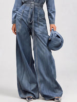 Women's V-neck Long-sleeved Casual Loose-fitting Denim Wide-leg Jumpsuit With Drawstring