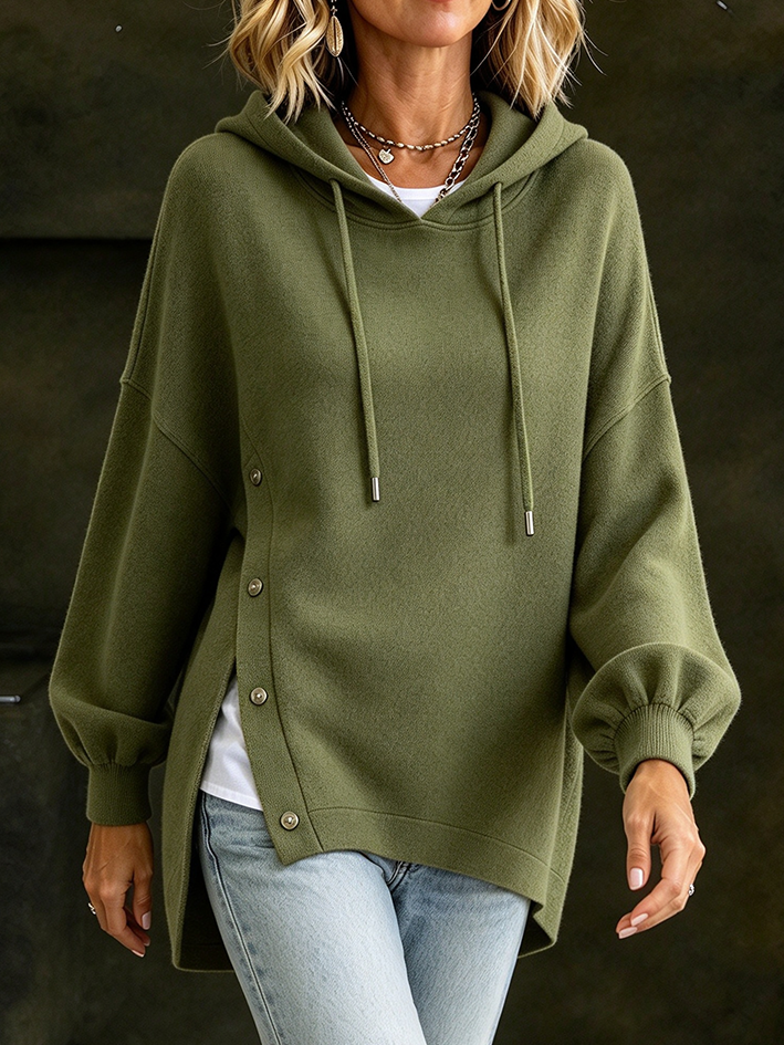 Sudadera De Algodón Con Capucha Y Botones Asimétricos Verde Oliva