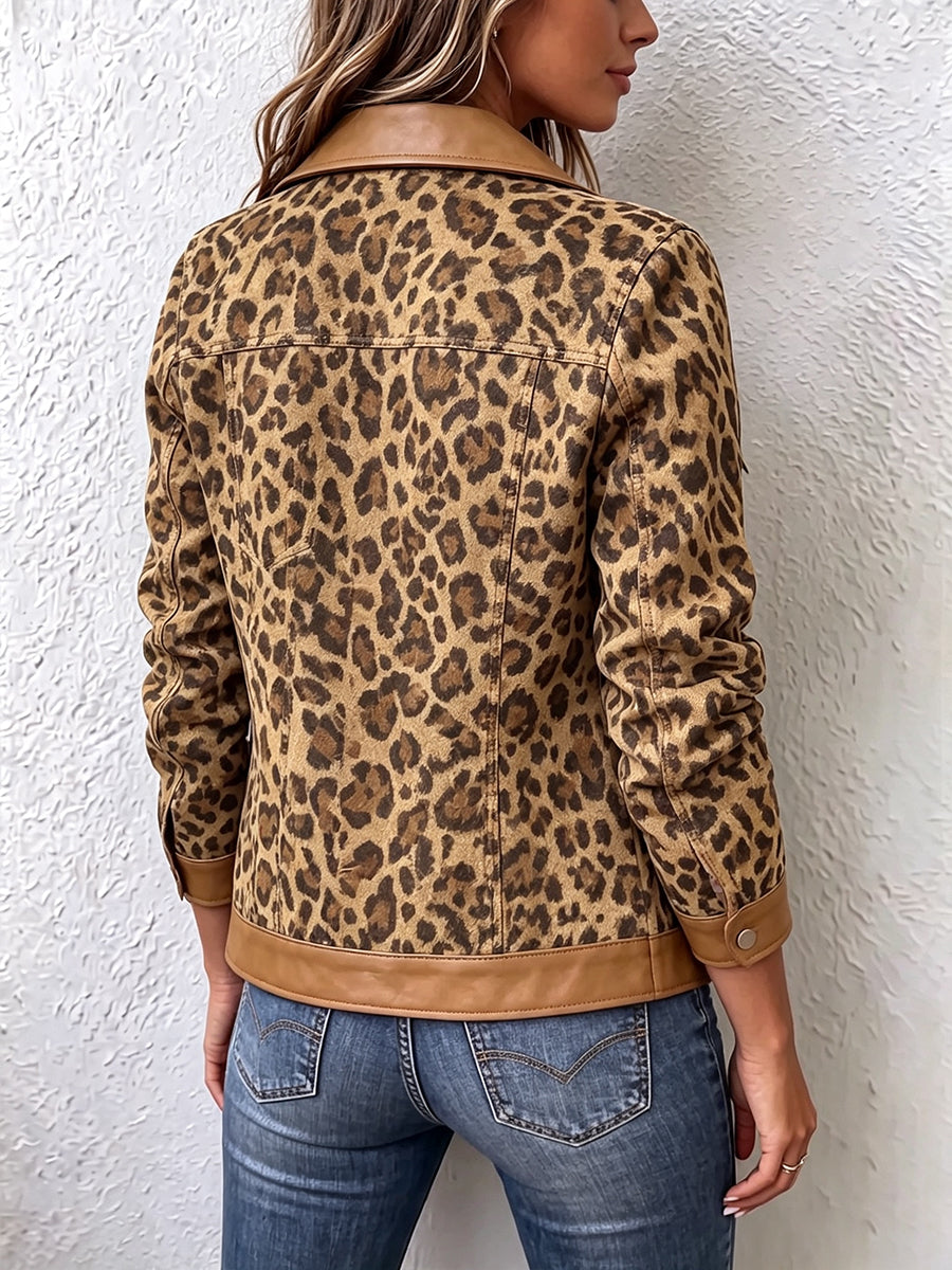 Bold Leopard Denim Patchwork Leather Trim Print Trucker Jacket
