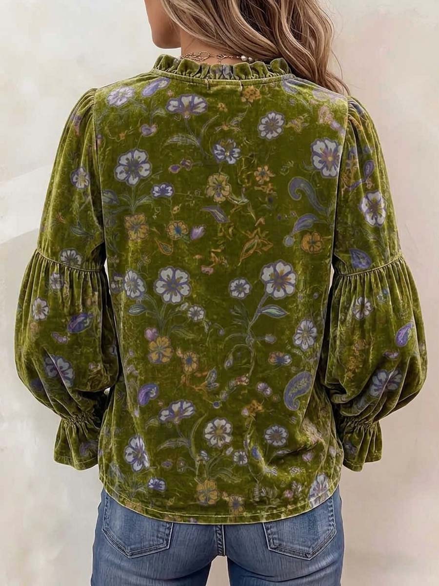 Damen-Strickjacke mit V-Ausschnitt und langen Ärmeln, lässig, locker, Vintage-Stil, Blumenmuster, Samt-Cardigan