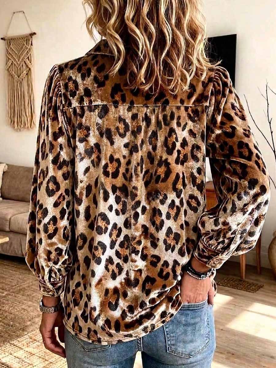 Women's Leopard Print Velvet Ruffle Collar Button-Down Blouse