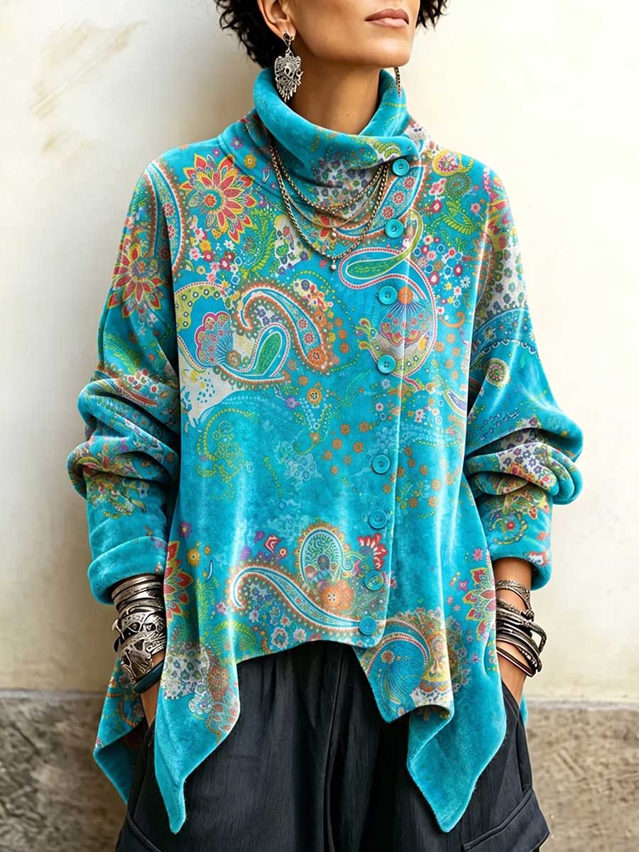 Top in velluto ampio da donna con stampa vintage a collo alto e maniche lunghe