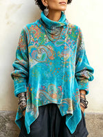Top in velluto ampio da donna con stampa vintage a collo alto e maniche lunghe