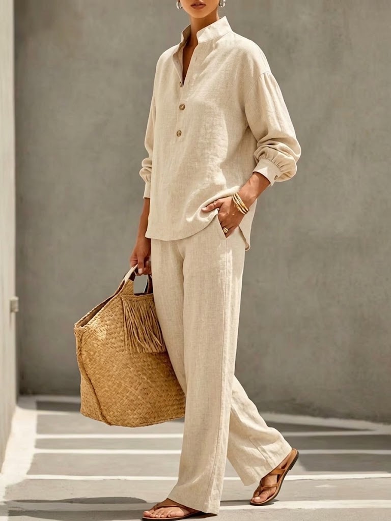 Casual, Minimalist Linen-cotton Shirt And Trousers Two-piece Setcasual, Minimalist Linen-cotton Shirt And Trousers Two-piece Set