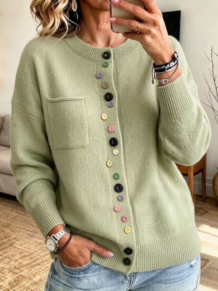 Gemütlicher, lässiger, mehrfarbiger Strick-Cardigan mit Knöpfen