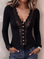 Geripptes, gespleißtes Button-Down-Oberteil für Damen mit Spitze