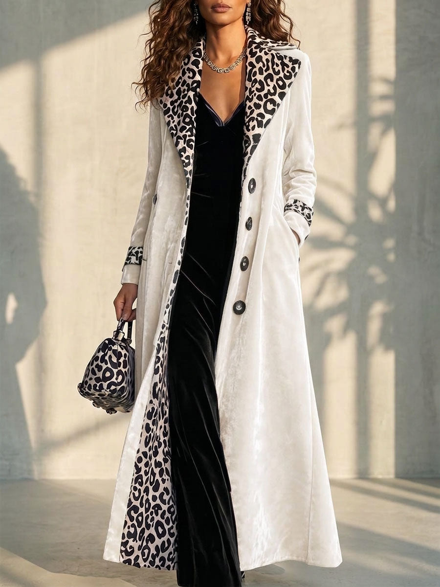 Damen-Retro-Samt-Langmantel mit Leopardenmuster, Farbblock-Revers und Inneneinsätzen, einreihiger Langarm-Trenchcoat