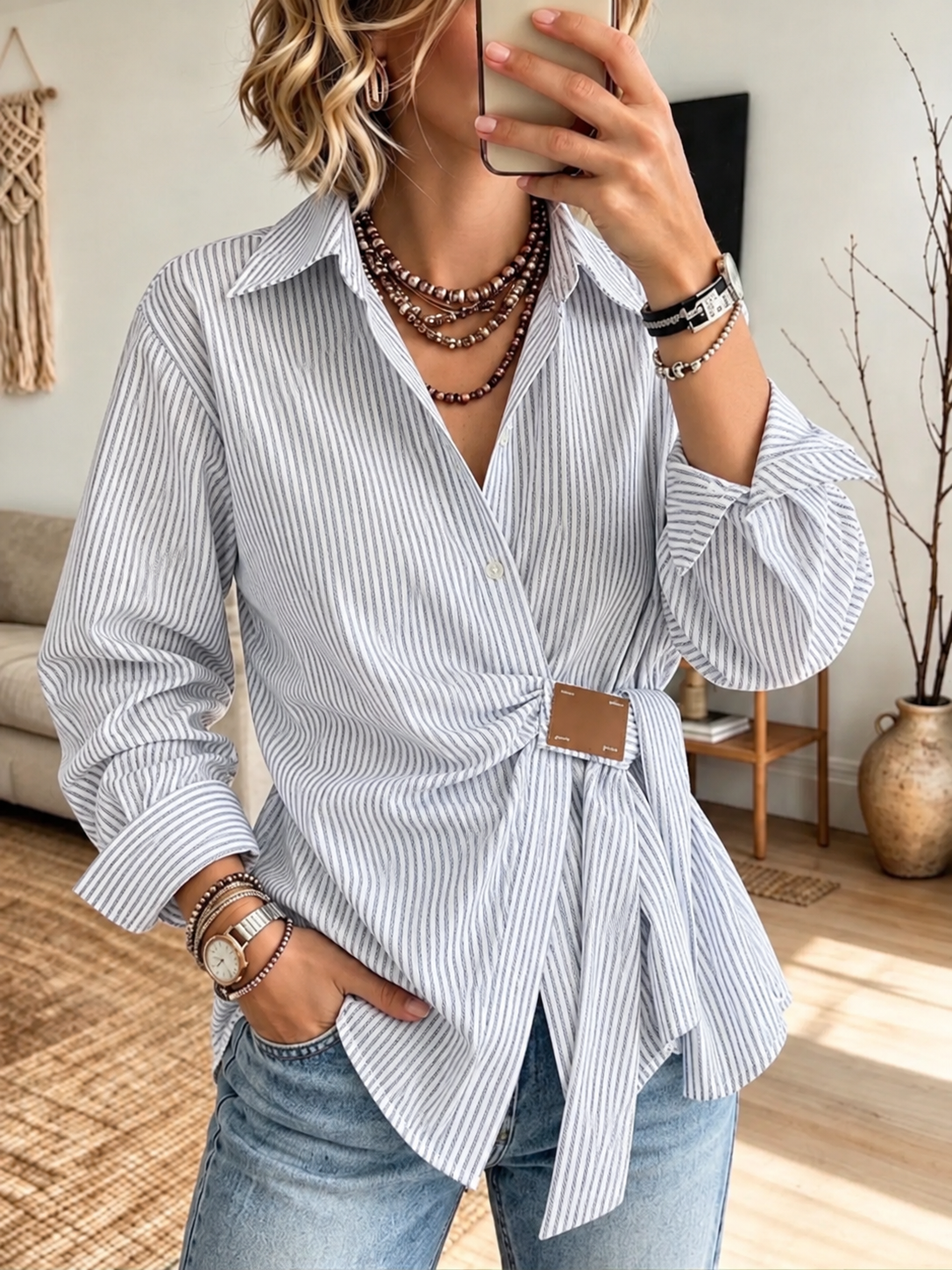 Camicia casual chic in cotone a righe con dettaglio cravatta