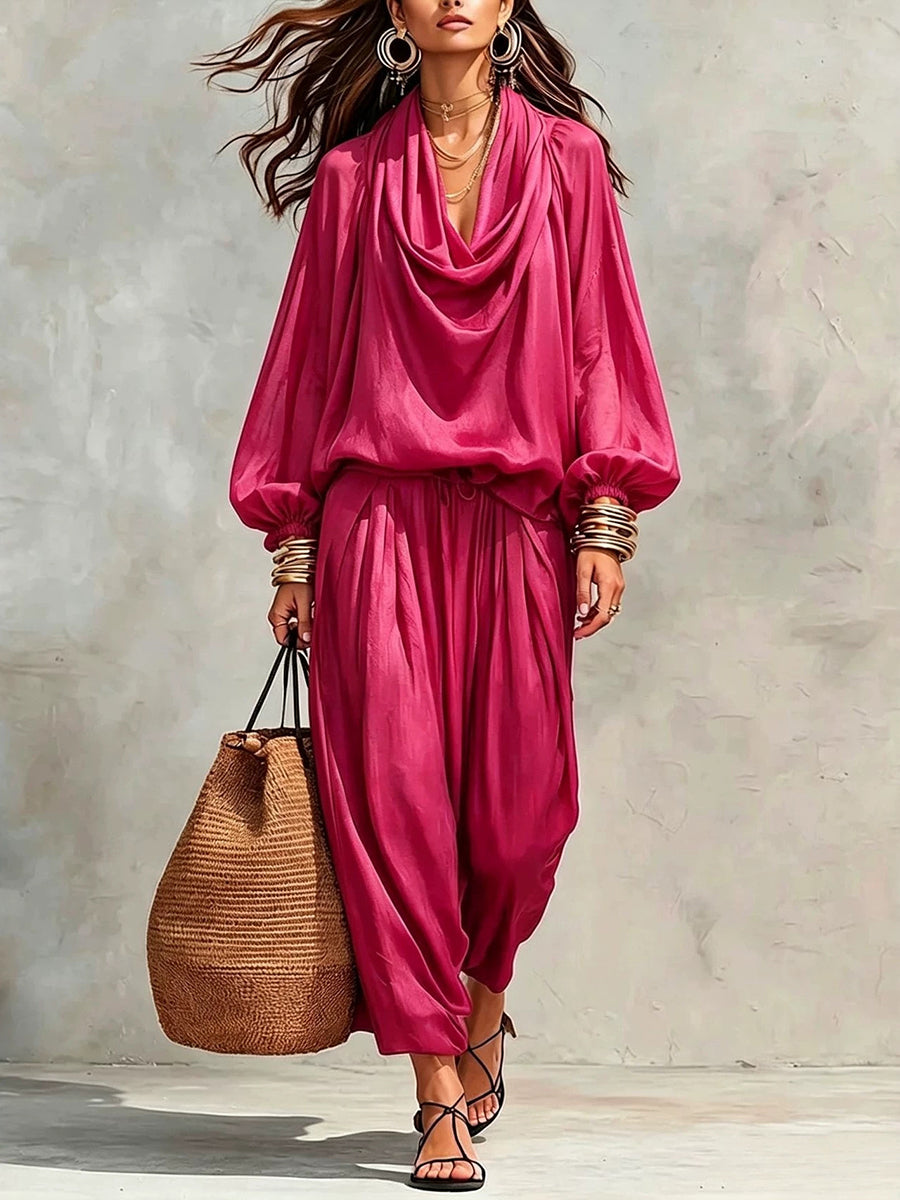 Relaxed-fit Cotton-blend Two-piece Set With A Draped Collar Top And Trousers