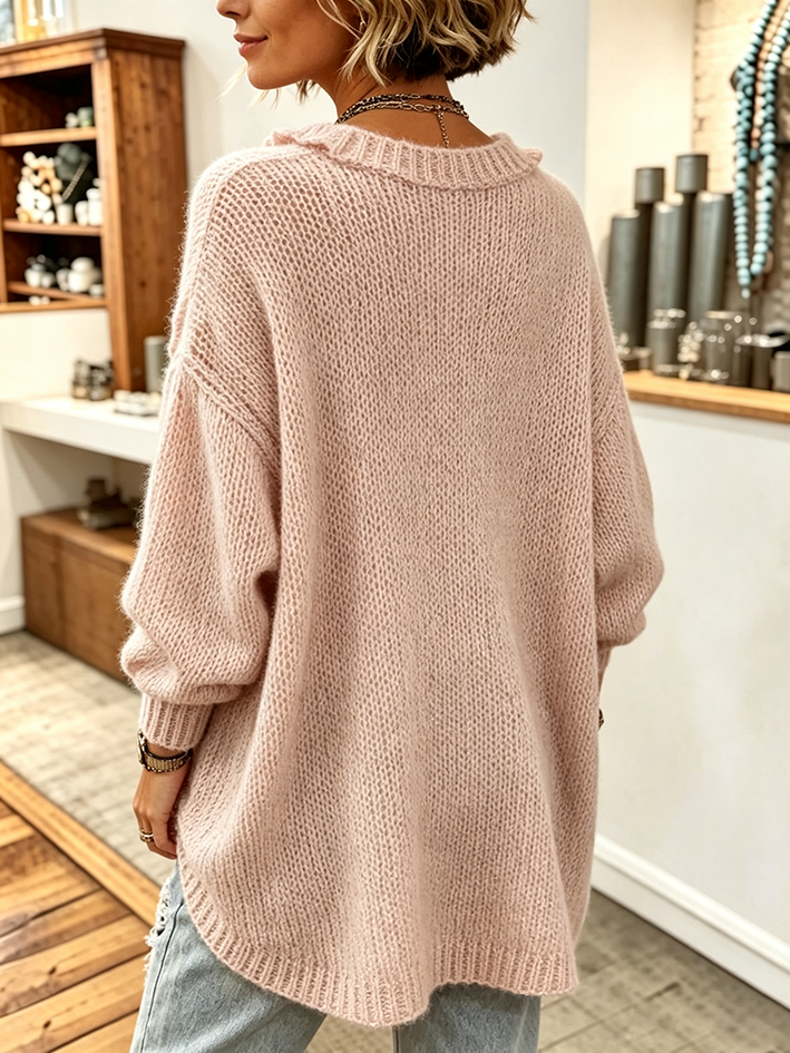 Elegant Ruffled Neckline High-low Curved Hem Pink Sweater