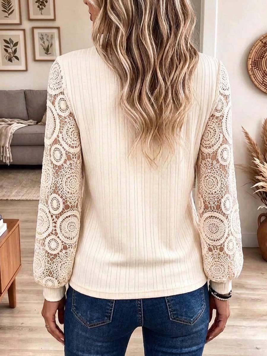 Top da donna in maglia a coste con scollo a V e maniche in pizzo all'uncinetto