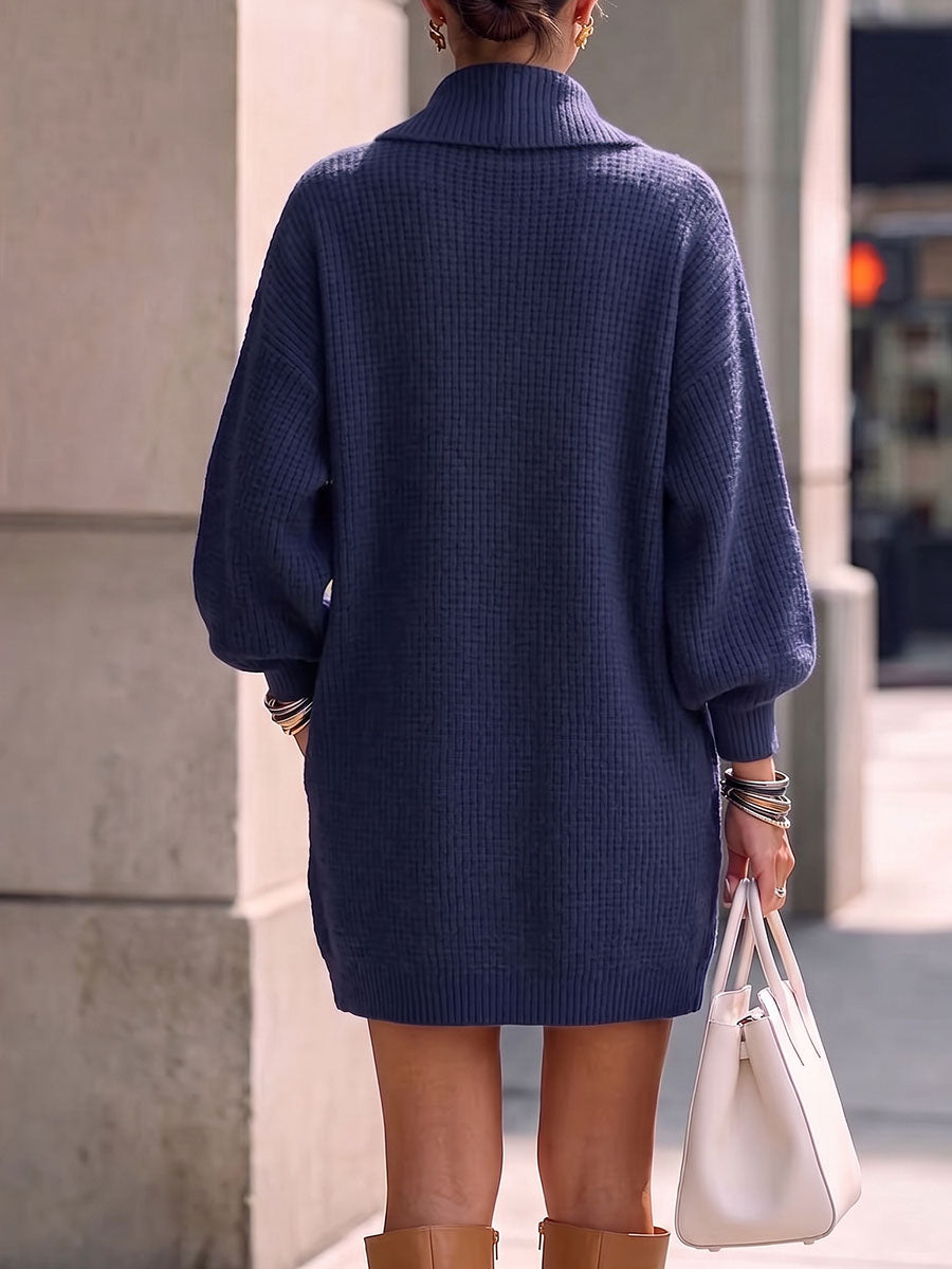Women's Solid Color Collared Long Sleeve Casual Loose Ruffled Knit Cardigan Dress