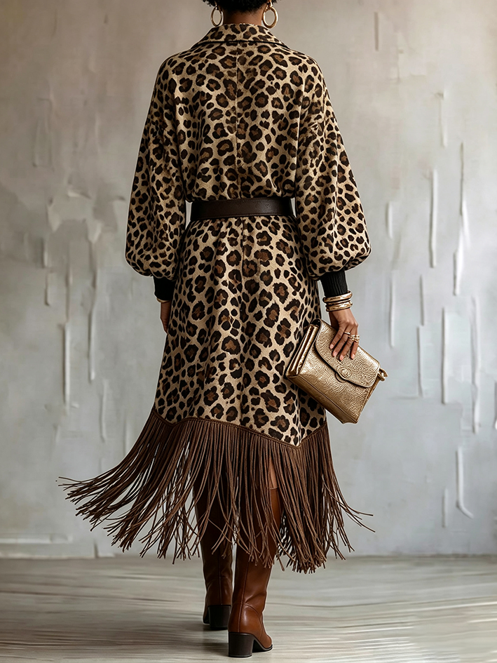 Leopard Print Fringed Hem Zip-up Midi Dress